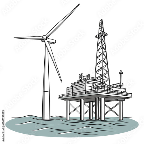 Offshore oil rig and wind turbine in the ocean