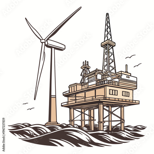 Offshore oil rig platform with wind turbine on water surface