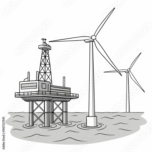 Offshore oil rig platform with wind turbines for renewable energy production