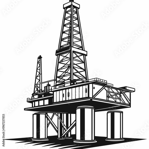 An oil rig platform with a tall drilling tower and four supporting columns