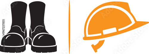Vector illustration of essential personal protective equipment, featuring a pair of black steel-toe work boots and an orange industrial hard hat for site safety and head protection.