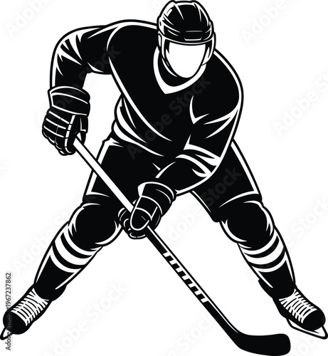 Photography Ice hockey player silhouette in action stance holding stick, dynamic sports illu