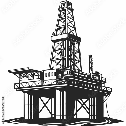 Black and white illustration of an offshore oil rig platform in the ocean
