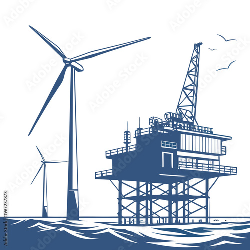 Offshore wind farm with turbines and a construction platform in the ocean for renewable energy production