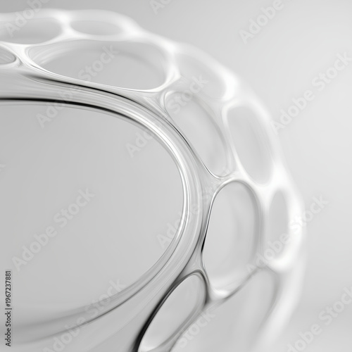 Plakat w ramie Minimal cell membrane structure with translucent layers and soft reflections on white background showcasing refined scientific biotech concept