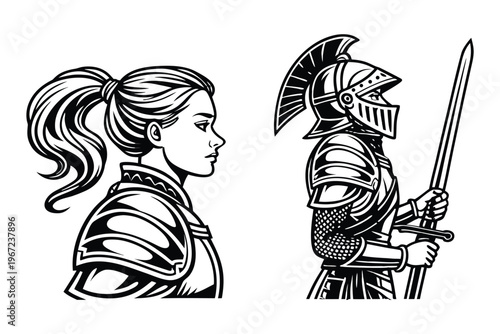 Female Knight in Armor Medieval Warrior Woman. Vintage Engraving Set. A highly detailed black and white vintage vector illustration of a powerful medieval female knight, shown in two poses side by sid
