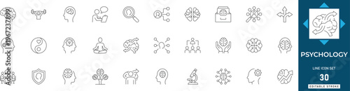 Psychology line icon set featuring mental health, therapy, brain, counseling, emotions, mind, and behavior. Professional editable vector illustration.
