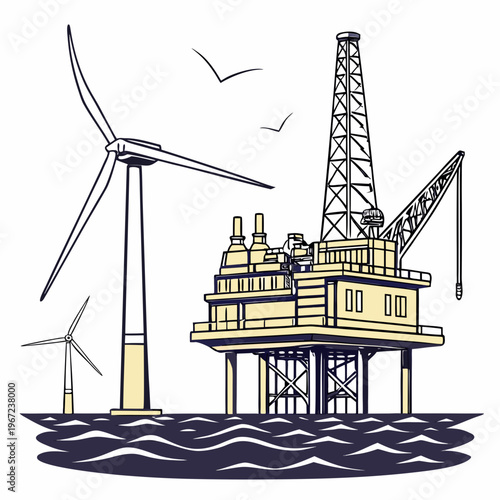 Offshore oil rig with wind turbines in the sea for renewable energy and fossil fuel contrast