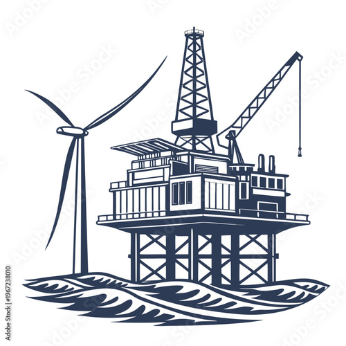 Offshore oil rig platform with wind turbine for energy production and exploration
