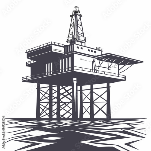 An offshore oil rig platform with a tall drilling tower and a large structure on stilts over the water