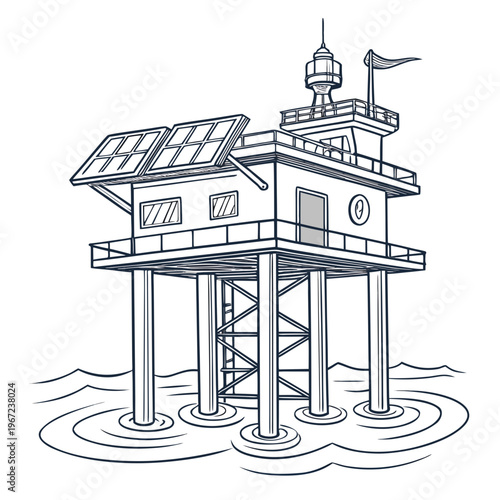A line drawing of a house on stilts with solar panels on the roof and a lighthouse on top