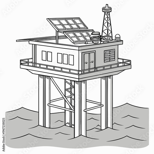 Offshore oil rig platform with solar panels on top and stilt structure in the ocean water