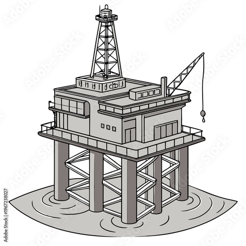 An illustration of an offshore oil rig platform with a crane and derrick