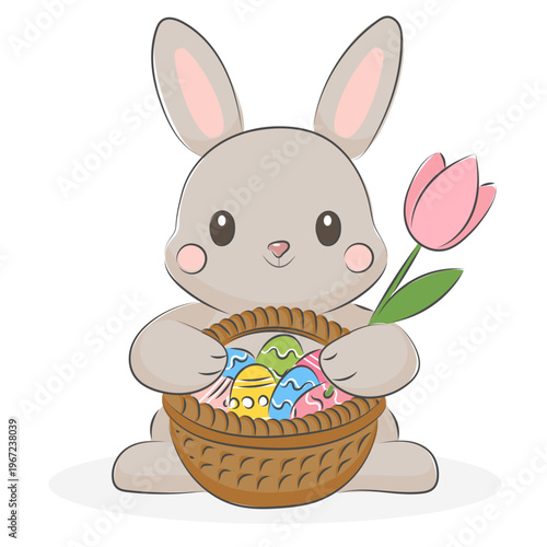 Easter bunny with busket of colored eggs and spring flower tulip