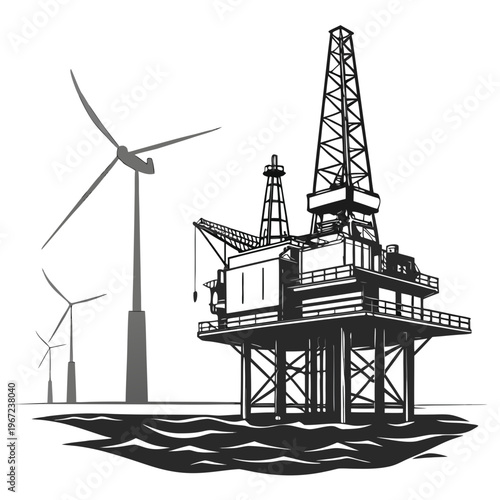 An offshore oil rig platform with wind turbines for energy production concept