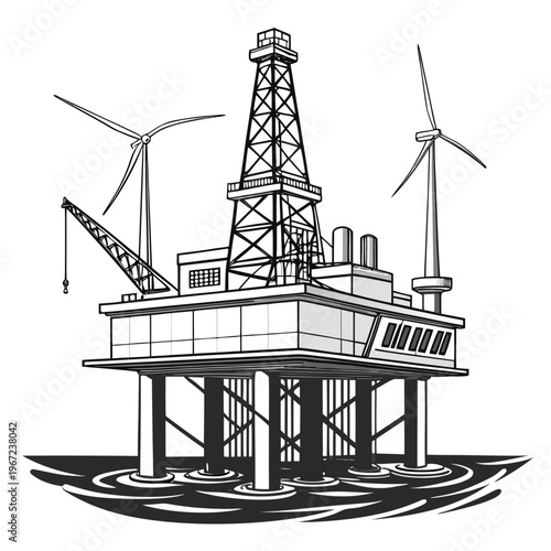 Offshore oil rig platform with wind turbines on for energy production concept