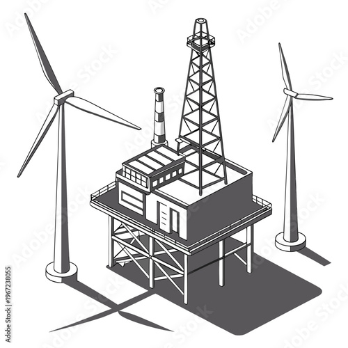 Isometric illustration of an offshore oil rig with two wind turbines for energy concept