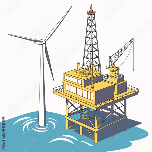 Offshore oil rig platform with wind turbine in ocean water for energy industry concepts