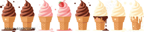 Ice cream cones collection chocolate vanilla strawberry flavors sweet dessert cartoon vector illustration set