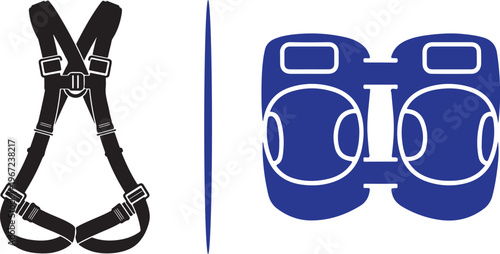 Industrial safety vector set featuring a black full-body fall arrest harness and blue protective knee pads. Essential gear for high-altitude work and ergonomic joint protection on site.