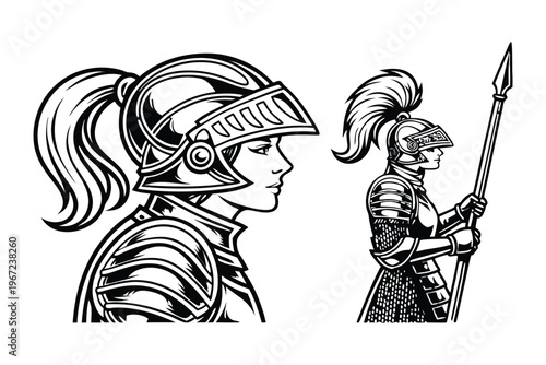 Female Knight in Armor Medieval Warrior Woman. Vintage Engraving Set. A highly detailed black and white vintage vector illustration of a powerful medieval female knight, shown in two poses side by sid