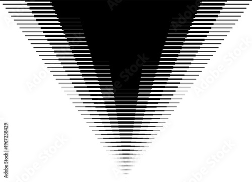 Triangular Smooth transition from black to white. Vector arrow with place for text. Pattern with stripes. Design element with halftone. Modern vector background for covers, labels, advertising, packag