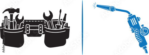 Dual-tone vector icons featuring a fully loaded carpenter's tool belt and a professional welding torch. Ideal for themes involving manual labor, metalworking, and construction trades.