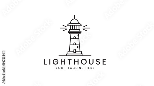 Lighthouse logo in a minimalist outline style, featuring a beacon emitting light rays for marine navigation safety and guidance
