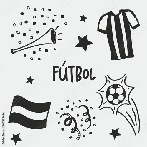 Mundial de futbol, pelota, copa, bandera, bubucela, camiseta argentina, doodles, set de iconos