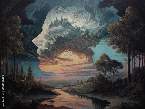 Surreal Landscape Art: Dreamlike Fusion of Nature and Reflection at Sunset with Ethereal Clouds and Vibrant Symphony in an Idyllic Forest Atmosphere