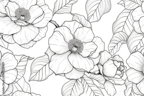 Camellia flowers leaves seamless pattern line art coloring page vector floral black white design