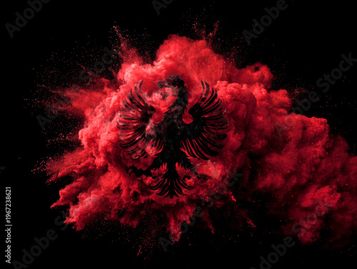Eagle with Red Smoke: Abstract Albanian Flag Art on Black Background