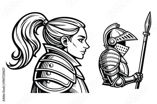 Female Knight in Armor Medieval Warrior Woman. Vintage Engraving Set. A highly detailed black and white vintage vector illustration of a powerful medieval female knight, shown in two poses side by sid