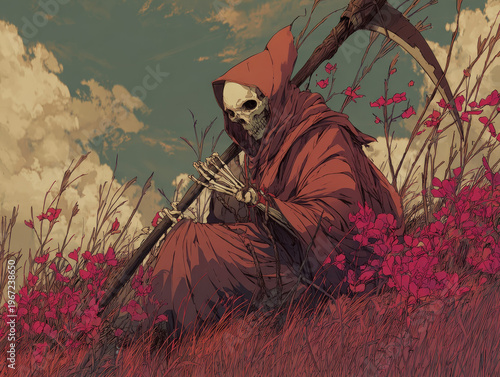 Fantasy Art Grim Reaper in Red Cloak with Scythe: Skeleton with Flowers and Clouds in an Autumn Gothic Setting