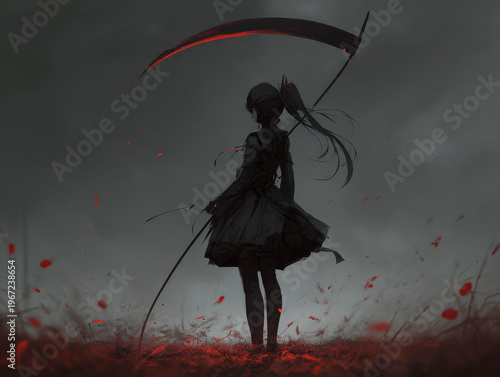 Dramatic Japanese Style Anime Fantasy: Mysterious Female Silhouette with Scythe Against a Cloudy Sky with Red Glow - Eerie, Gothic Darkness and Intense Mood in Dark Dystopian Night Scene