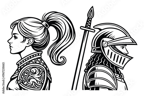 Female Knight in Armor Medieval Warrior Woman. Vintage Engraving Set. A highly detailed black and white vintage vector illustration of a powerful medieval female knight, shown in two poses side by sid