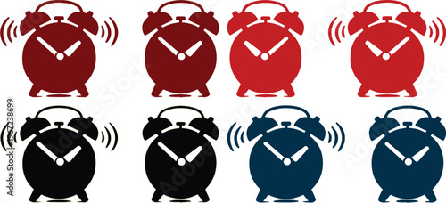 Ringing alarm clock vector icons, set of eight classic timepieces in red, black, and blue, perfect for scheduling and notification graphics