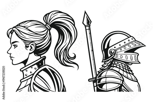 Female Knight in Armor Medieval Warrior Woman. Vintage Engraving Set. A highly detailed black and white vintage vector illustration of a powerful medieval female knight, shown in two poses side by sid