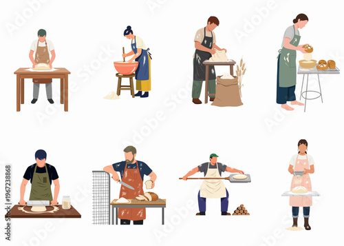 Set of flat illustrations featuring diverse bakers kneading, mixing, and preparing fresh bread, dough, and pastries in a professional kitchen setting.