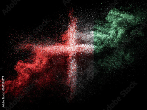 Dynamic Abstract Art Design: Blending Denmark and Italy Flag Colors with Vibrant Red, White, and Green Smoke Patterns