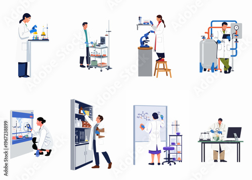 Vector set of diverse scientists and laboratory workers performing various research, experiments, and technical tasks in modern scientific and industrial environments.