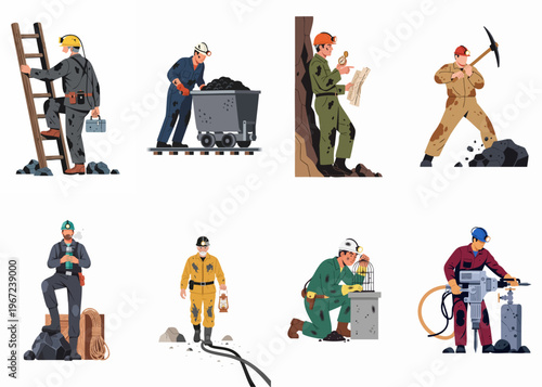 Collection of Coal Miner Characters Engaged in Various Underground Mining Activities and Industrial Work Tasks