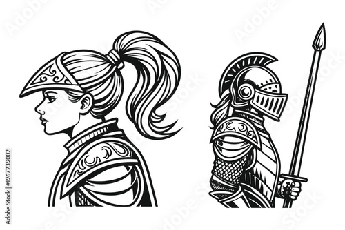 Female Knight in Armor Medieval Warrior Woman. Vintage Engraving Set. A highly detailed black and white vintage vector illustration of a powerful medieval female knight, shown in two poses side by sid