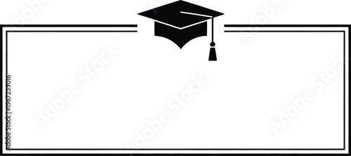 Graduation cap frame illustration, centered graduation cap at the top of a horizontal rectangular frame with minimal design for academic theme and celebration layout.