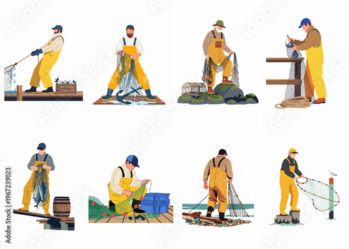 Collection of fishermen characters in yellow waterproof overalls engaged in various maritime activities such as mending nets and harvesting fish.