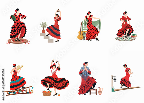 Set of eight flat vector illustrations featuring traditional Spanish flamenco dancers in red and black polka dot dresses with fans, castanets, and guitars.