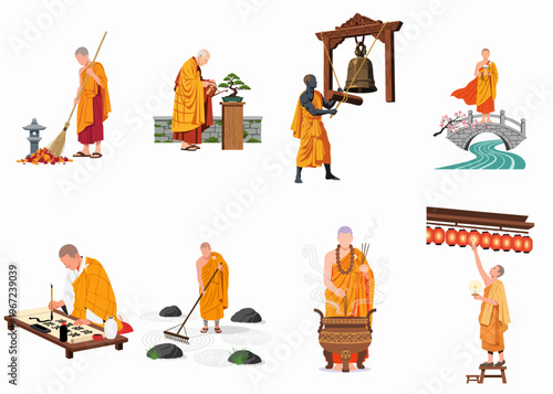 Vector illustration set of Buddhist monks performing traditional daily activities, spiritual rituals, and chores in a monastery, featuring calligraphy, gardening, and prayer.