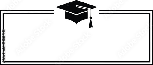 Graduation cap frame illustration, centered graduation cap at the top of a horizontal rectangular frame with minimal design for academic theme and celebration layout.