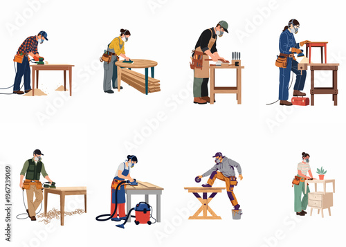 Collection of Flat Vector Illustrations Showing Male and Female Carpenters and Woodworkers Crafting Furniture with Tools in a Professional Workshop