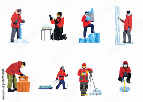 Set of polar scientists and explorers conducting scientific research and fieldwork in extreme arctic or antarctic environments with specialized equipment.